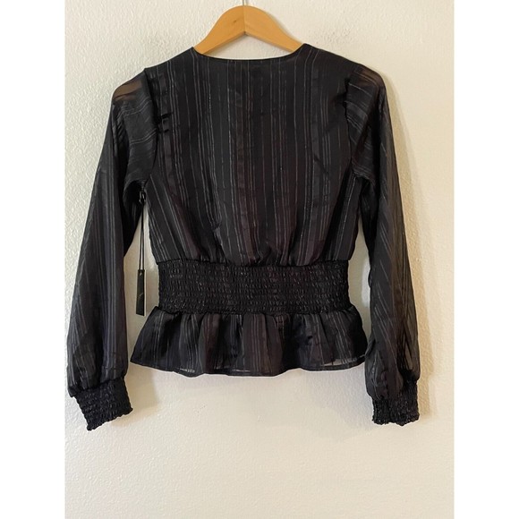 Japna Smocked Surplice Top XS Black Silver Metallic Stripe Sheer Long Sleeve NWT - Picture 3 of 8
